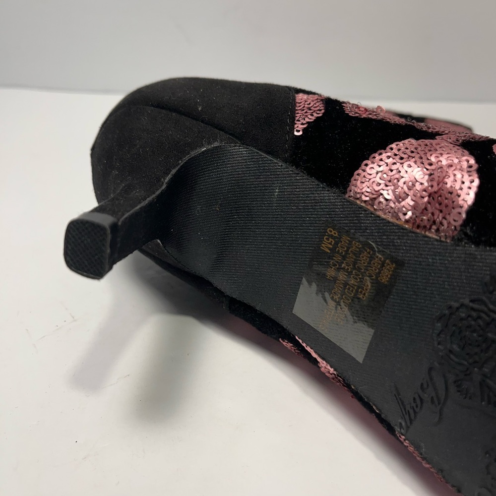 JOAN BOYCE Ankle Boots Black Velvet Rose Pink Sequins Size 8.5M -NEW - Picture 7 of 9